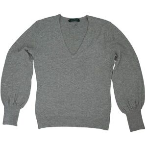 Lauren Ralph Lauren Grey V-Neck Puff Sleeve Sweater